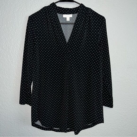 Charter Club Womens Polka Dots V-Neck Long Sleeve Regular Blouse Top Black Small - Picture 1 of 5
